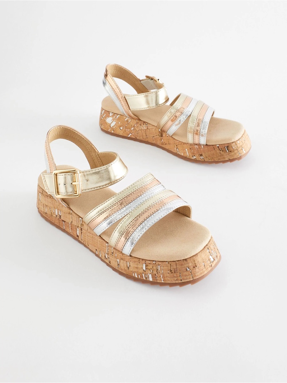 Girls' Metallic Strappy Cork-Platform Sandals in Gold & Silver